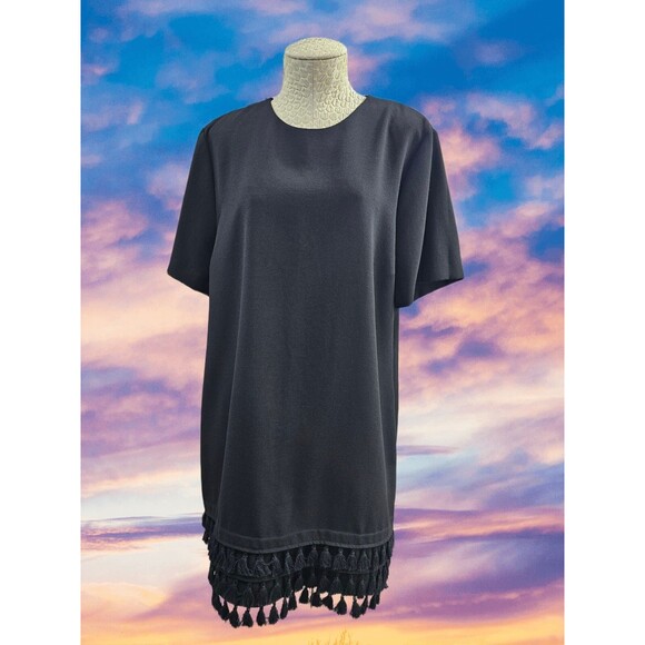 CS Women's XXL Zara Woman Black Tassel Hem Short Sleeve SS Shift Dress EUC - Picture 1 of 7